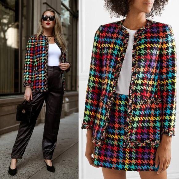 Alice + Olivia Andreas Frayed-Edge Houndstooth Tweed Jacket Size XS Rainbow - Picture 1 of 10